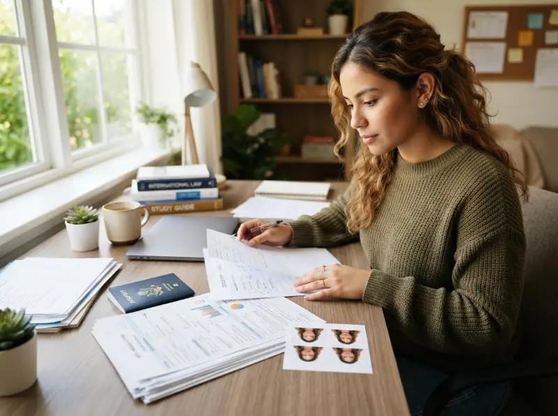 An international student organizing visa application documents and a passport on a clean desk