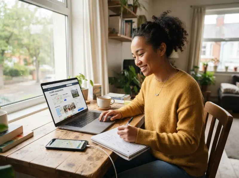 An international student researching student housing options on a laptop in a bright room