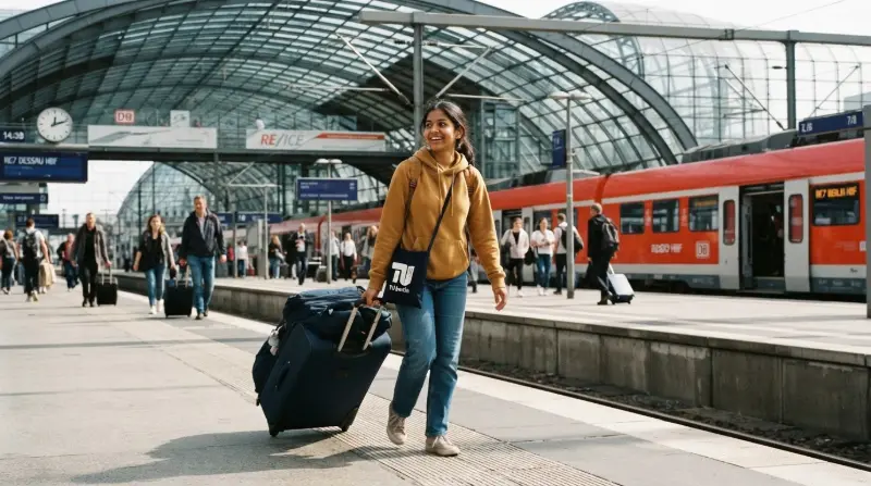 An international student arriving at a German train station platform pulling a large suitcase