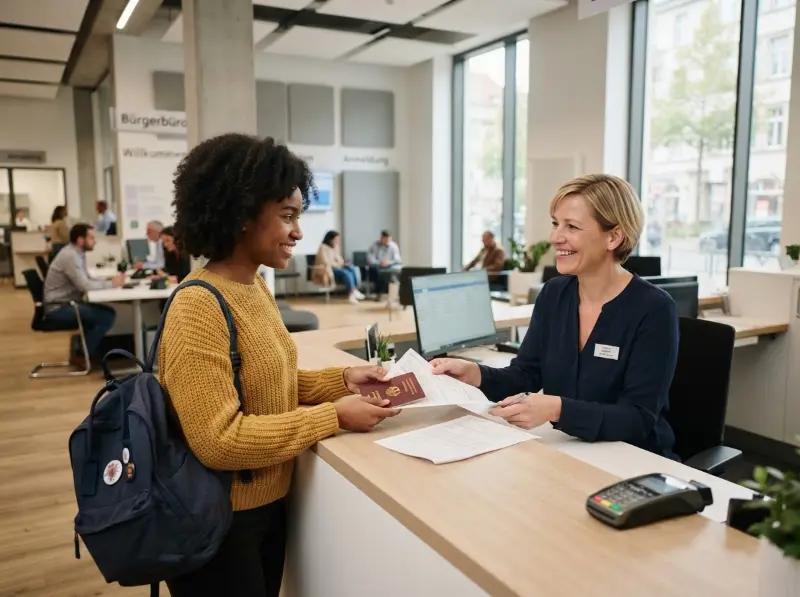 An international student handing documents to a clerk at a modern German city registration office counter