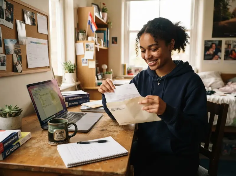 An international student opening official mail at a bright desk in a student room