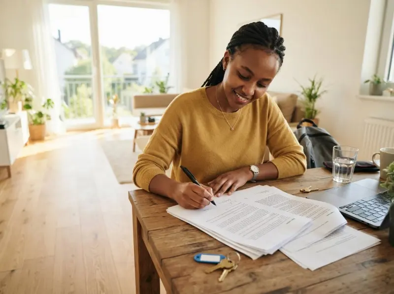 An international student reading and signing a rental document in a bright new apartment with apartment keys on the table
