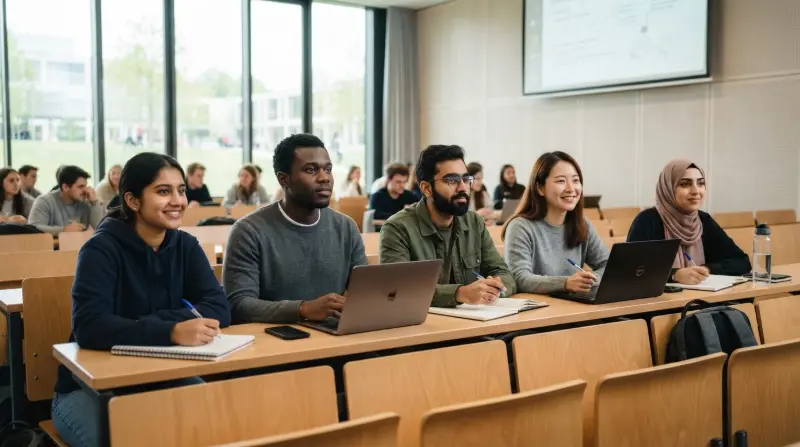 Diverse international students sitting in a bright modern German university lecture hall