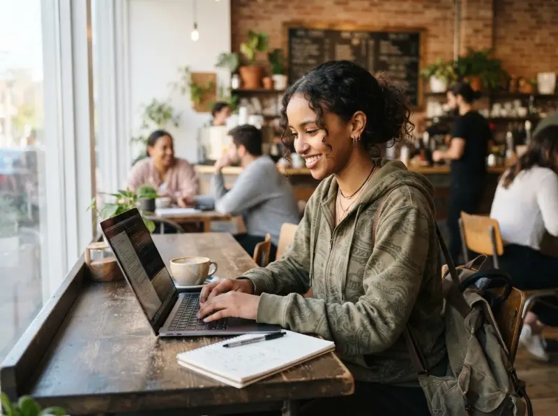 An international student working part-time on a laptop in a bright modern cafe