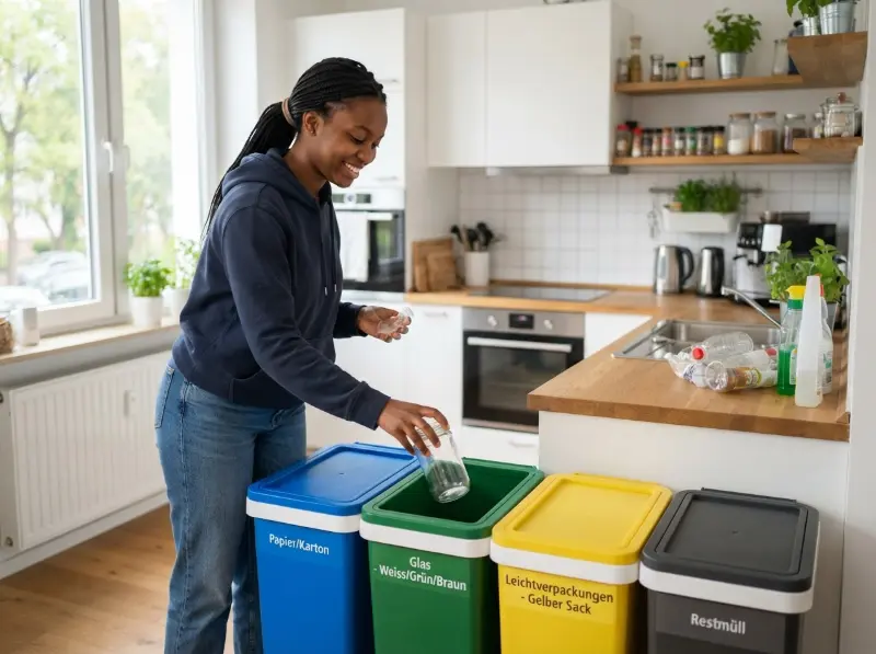 An international student separating waste into colour-coded bins in a bright modern German kitchen