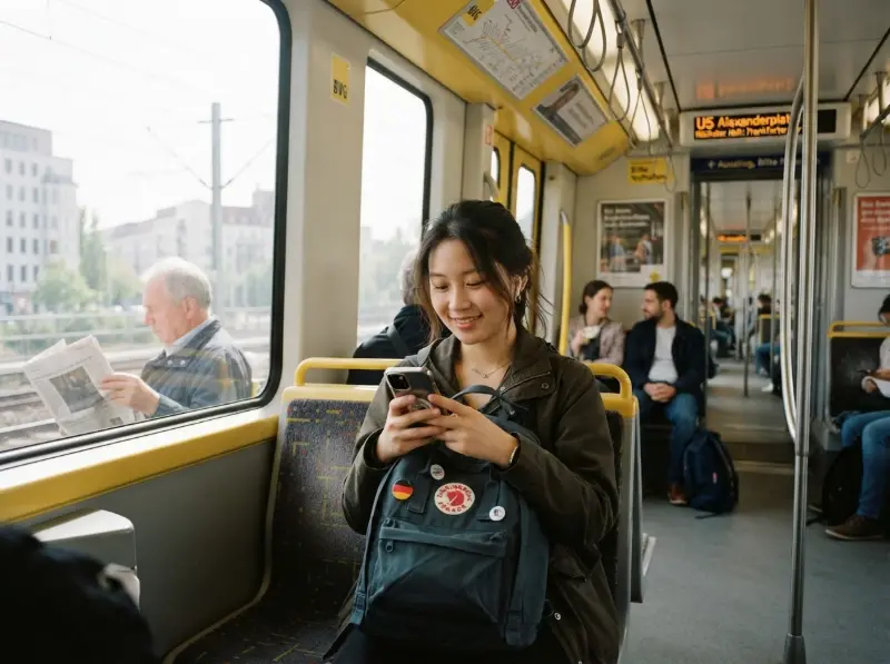 An international student riding a German tram looking at a phone