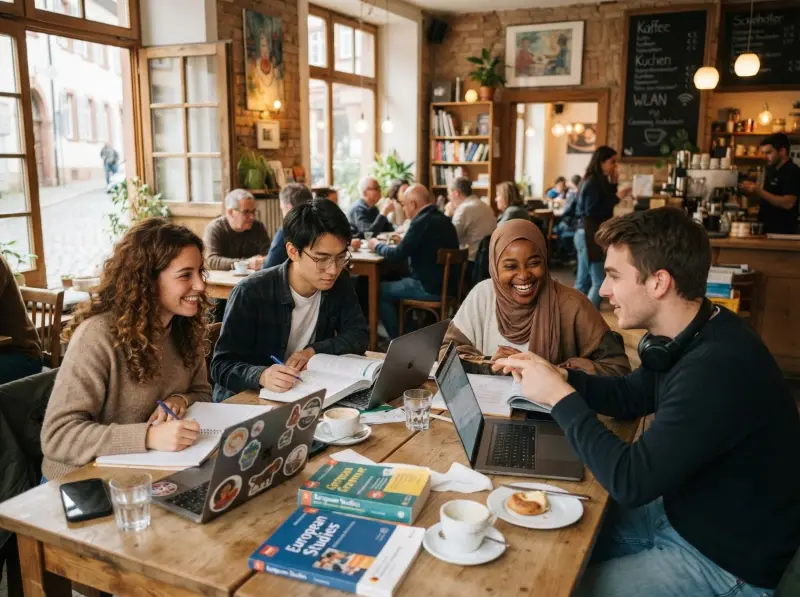 Diverse international students studying together with laptops in a bright German cafe