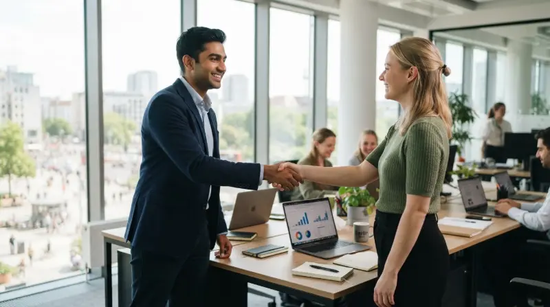 A young professional shaking hands with a colleague in a bright modern German office
