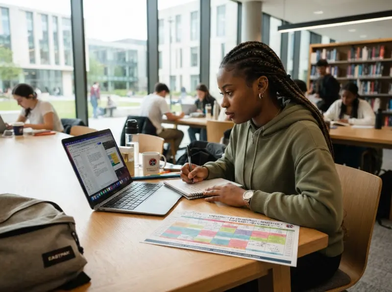 An international student studying with a laptop and a printed university schedule in a bright modern library