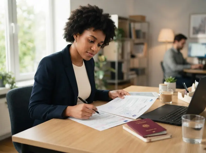 A young professional reviewing residence permit documents at a clean bright desk with a passport nearby