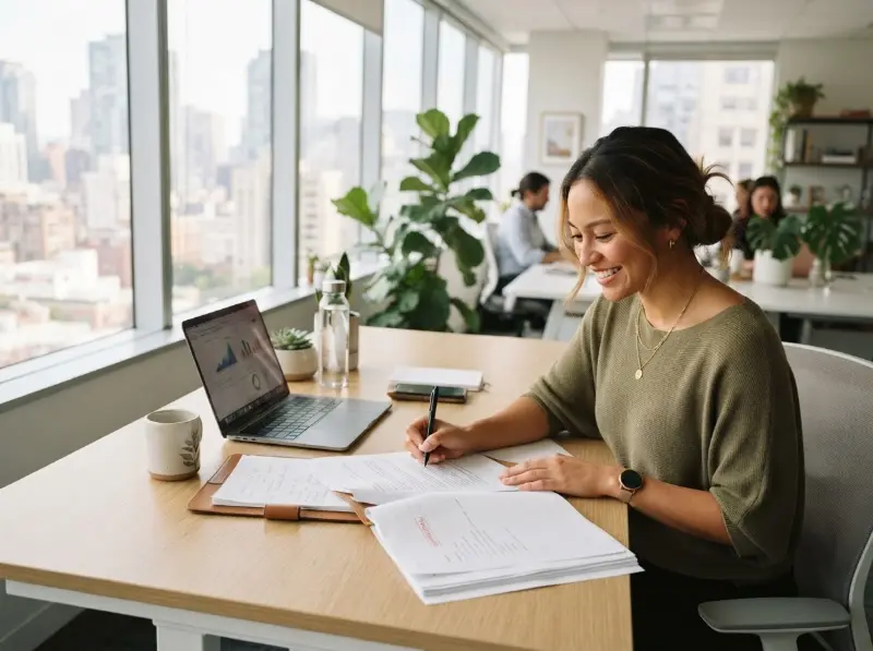 A young professional reviewing and signing documents at a clean modern desk