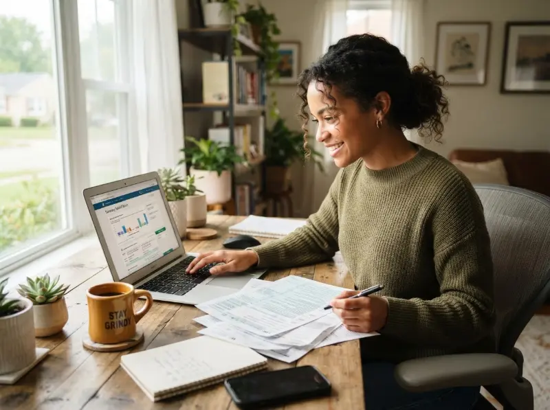 A young professional using a laptop to file taxes online at a clean bright home desk