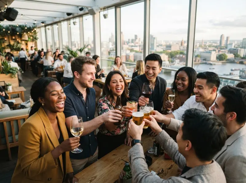 A diverse group of young professionals celebrating with raised glasses in a bright modern setting
