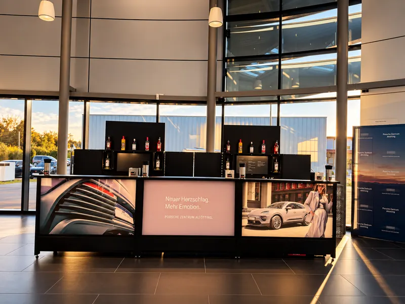 LED-Theke von QBAR mit individuellem Firmenbranding im Autohaus