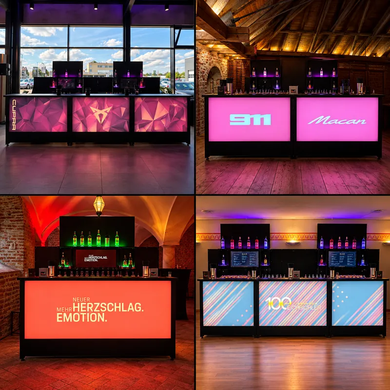 LED-Theken mit individuell bedruckter Barfront und Firmenlogo
