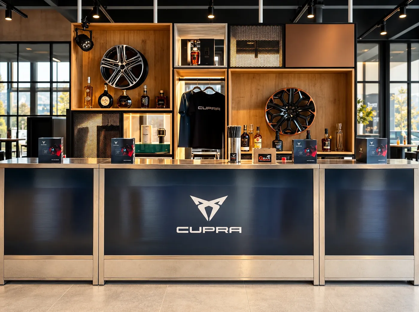 Edelstahl-Theke mit bedruckter Barfront und Firmenlogo im Autohaus
