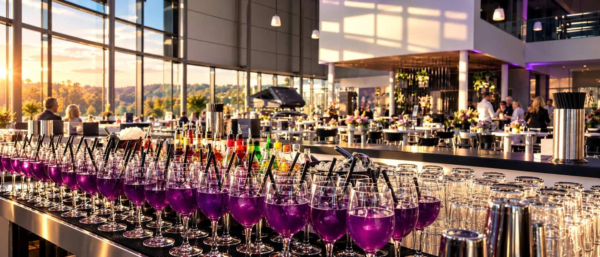 Bar mit einer Reihe lila Signature-Cocktails bei einer Firmenfeier im Abendlicht