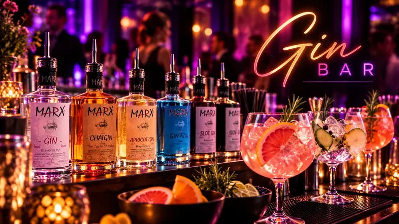Gin-Bar mit verschiedenen Gin-Sorten und Gin Tonics auf einem Firmenevent