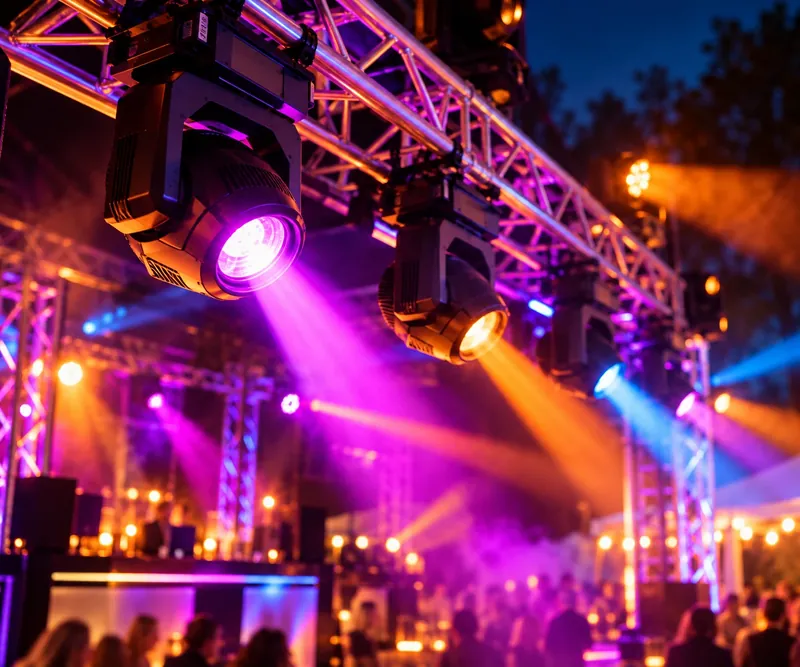 Moving Heads und Lichteffekte an einer Traverse bei einem Firmenevent am Abend