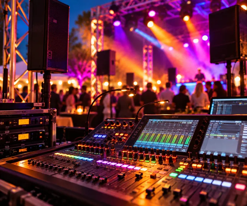 Digitales Mischpult und Lautsprecher für die Beschallung eines Firmenevents am Abend