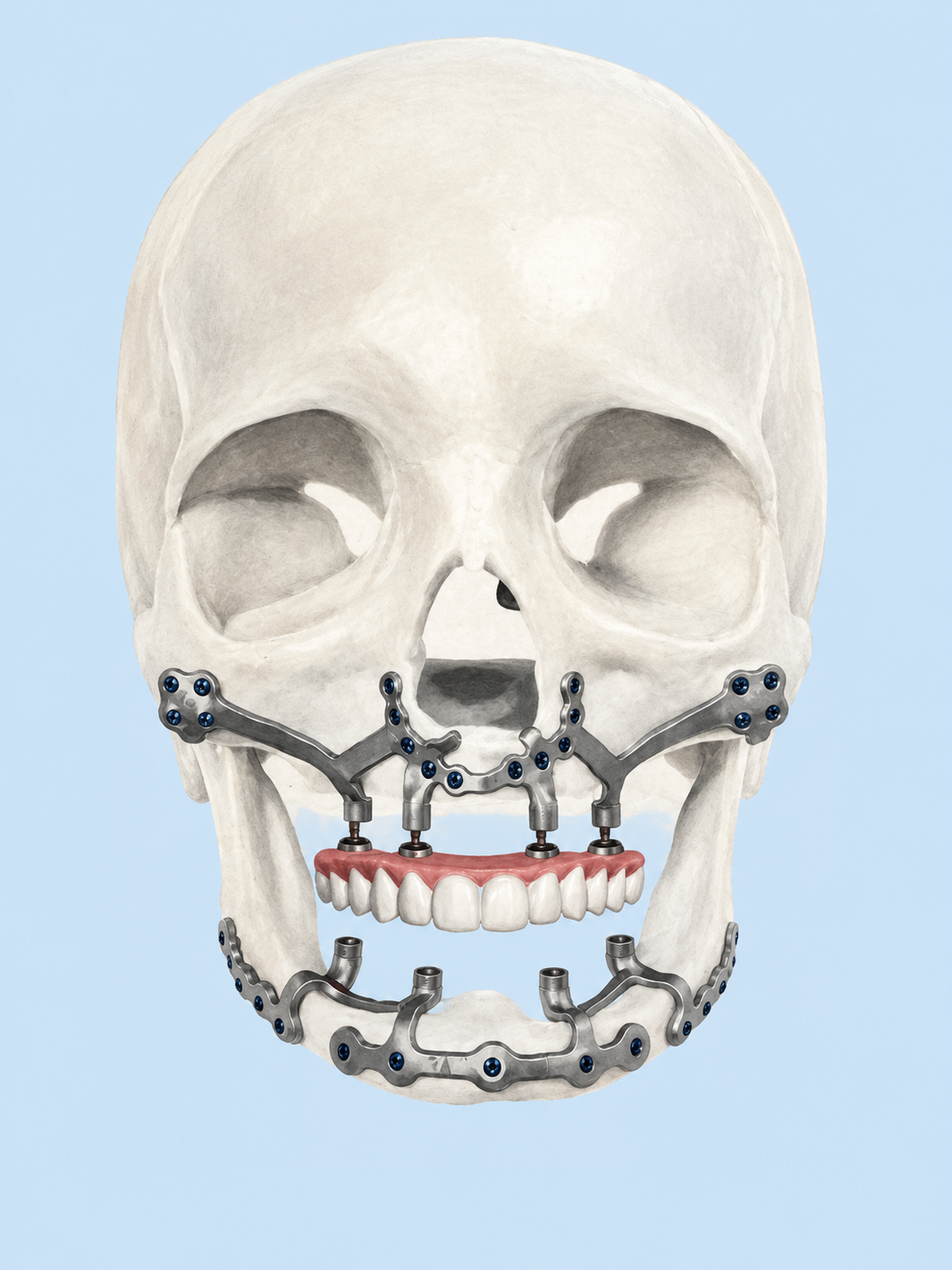 Illustration of a custom subperiosteal implant supporting full-arch teeth