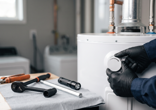 Gloved hands adjusting the temperature dial on a water heater with a new anode rod and tools nearby