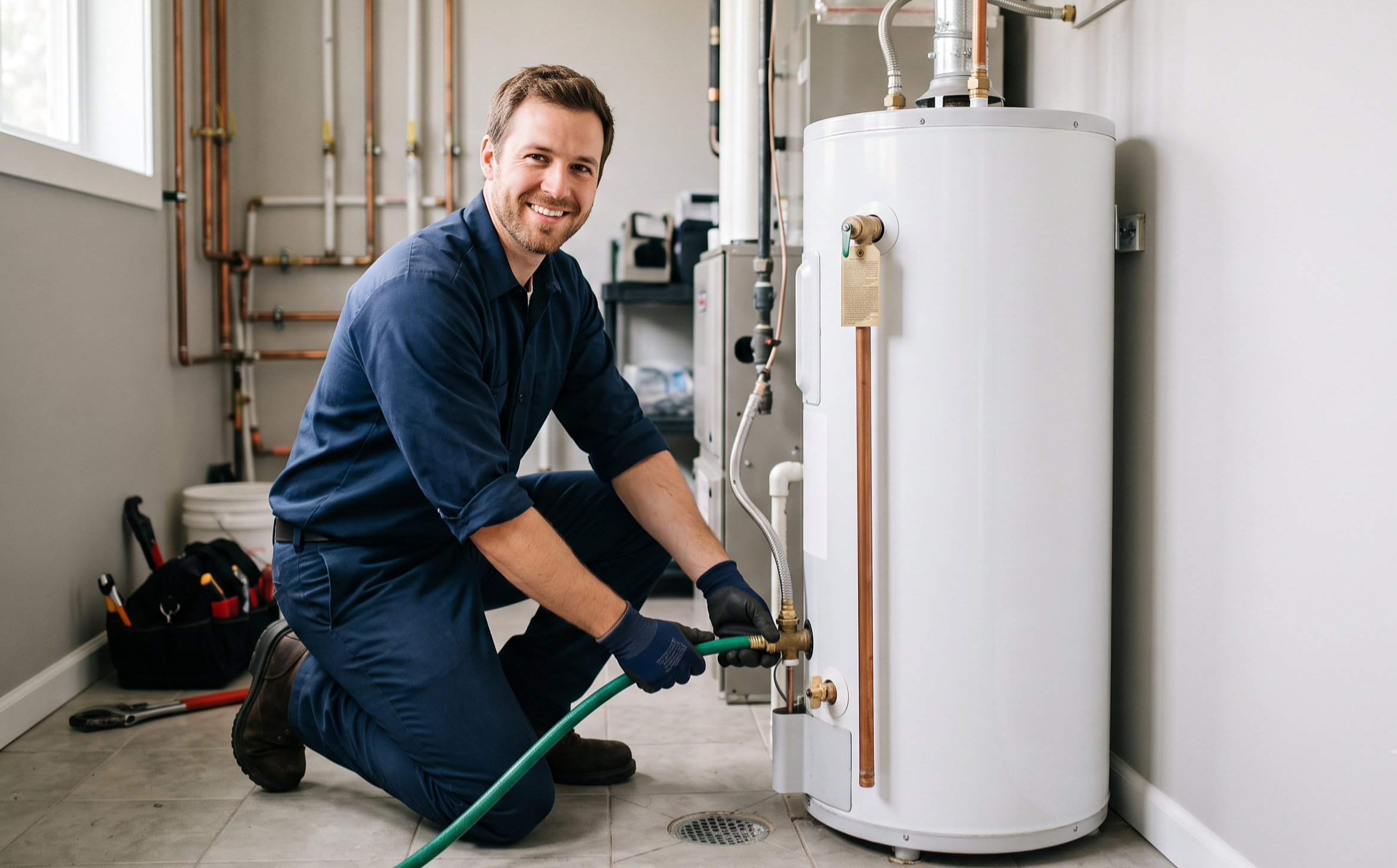 Plumbing technician attaching a hose to flush sediment from a residential tank water heater