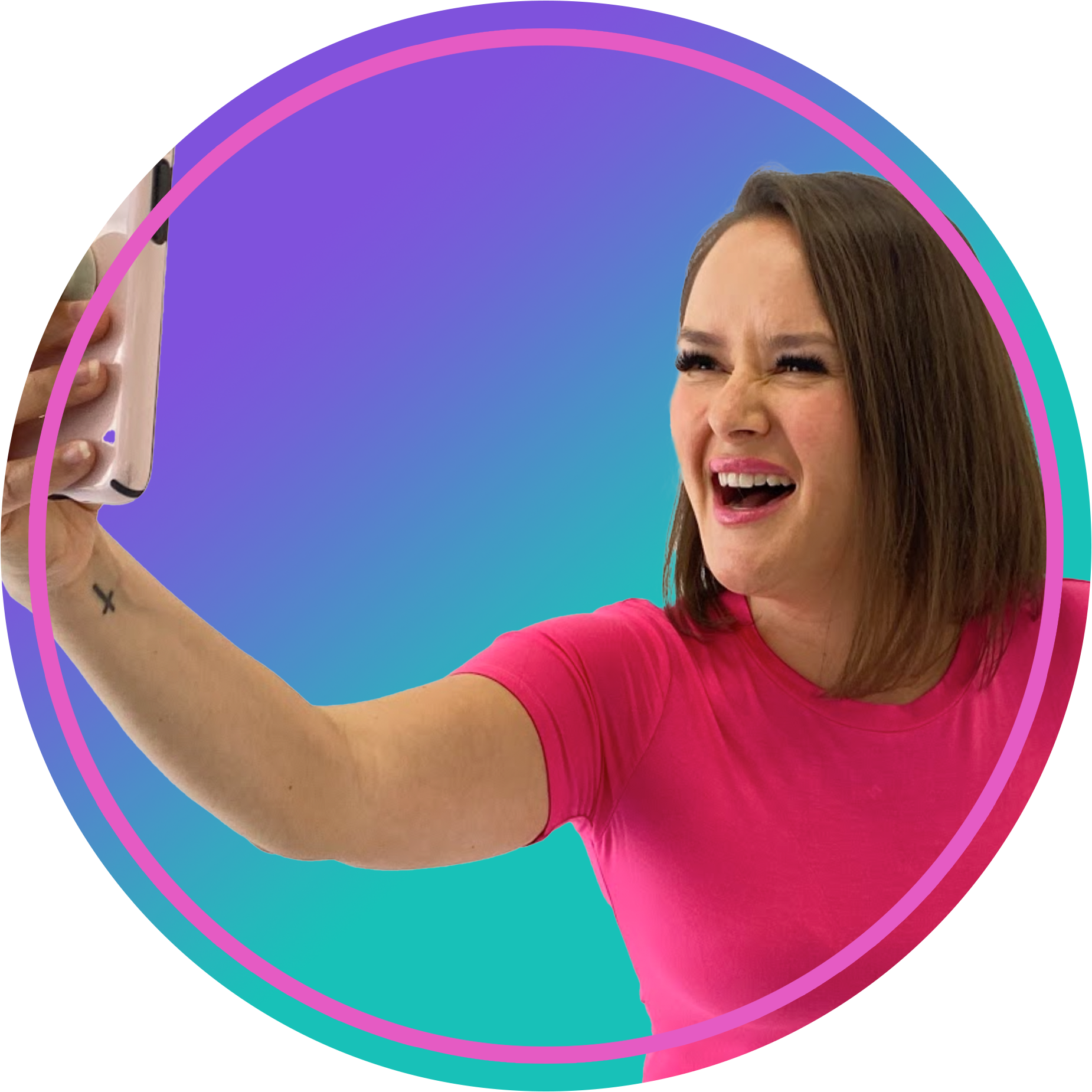 Colorful background of Andrea, smiling, holding her cellphone and posing for a selfie