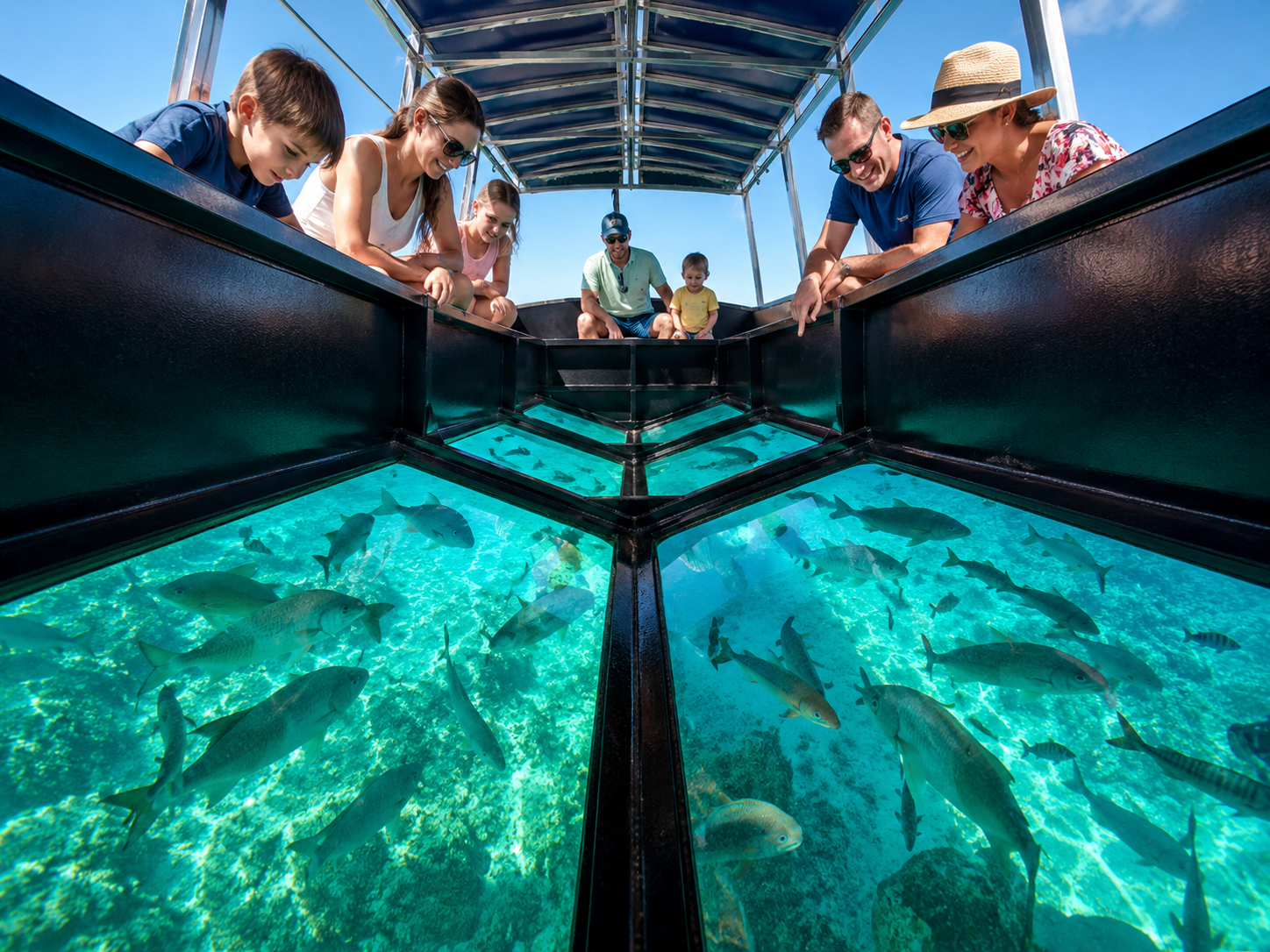 Family on a glass bottom boat in Florida Keys Family on a glass bottom boat in Florida Keys