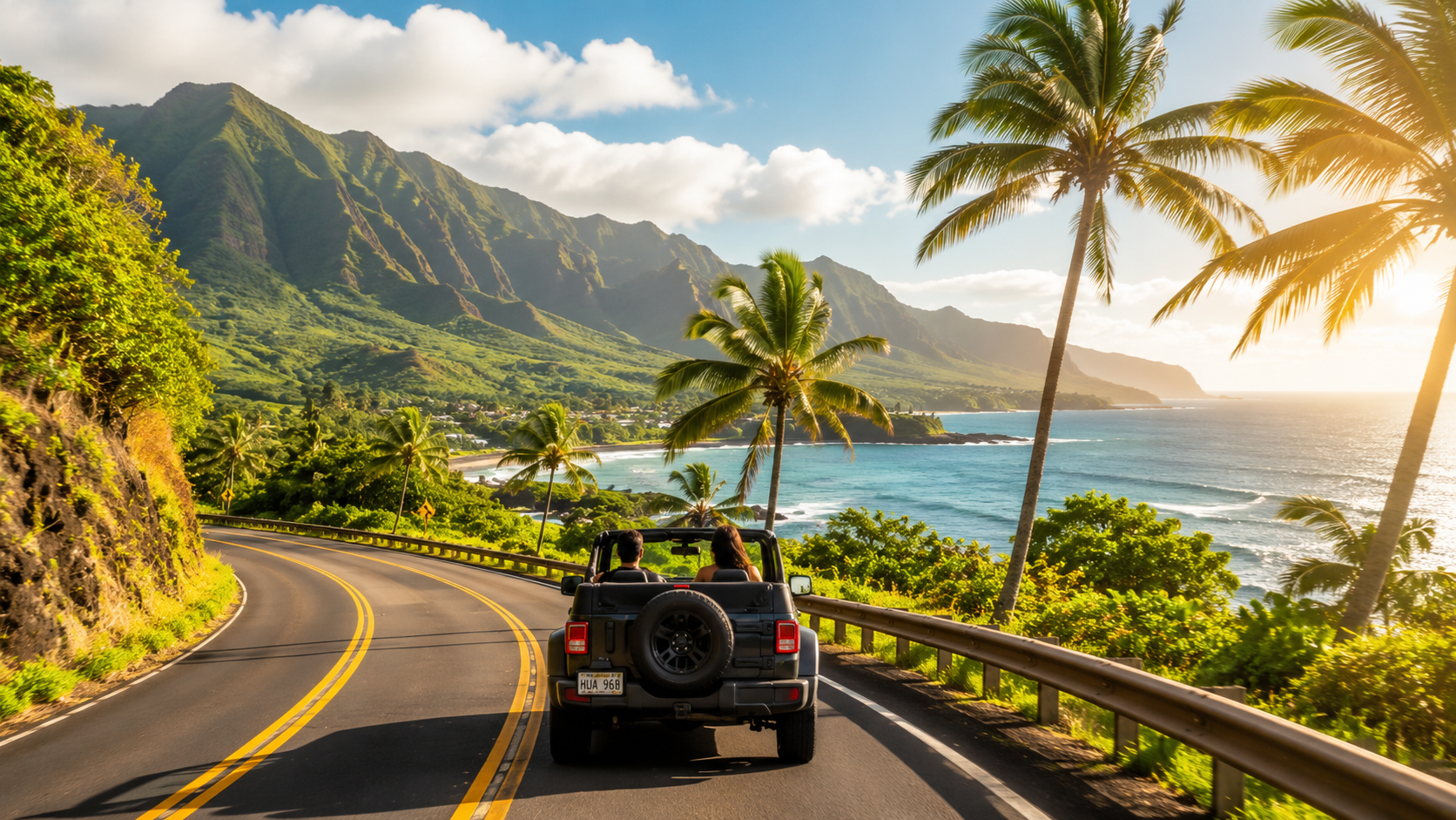 Car driving on a scenic road in Hawaii Car driving on a scenic road in Hawaii