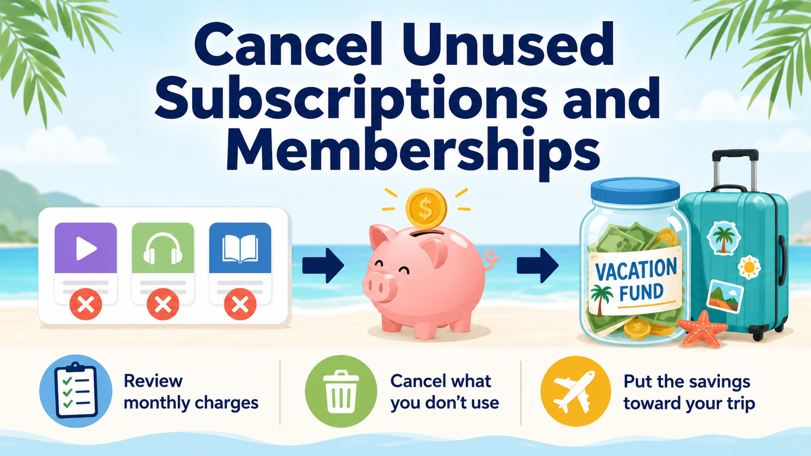 Travel saving graphic about canceling subscriptions to save money for vacation. Travel saving graphic about canceling subscriptions to save money for vacation.