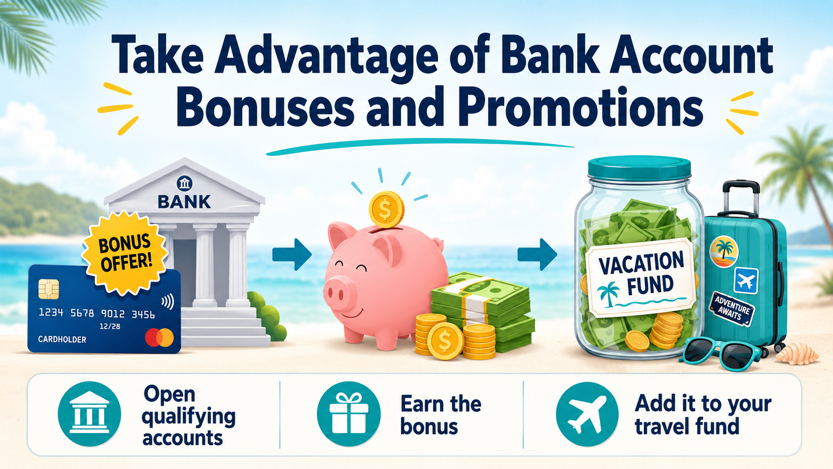 Bank savings graphic for travel savings plan. 