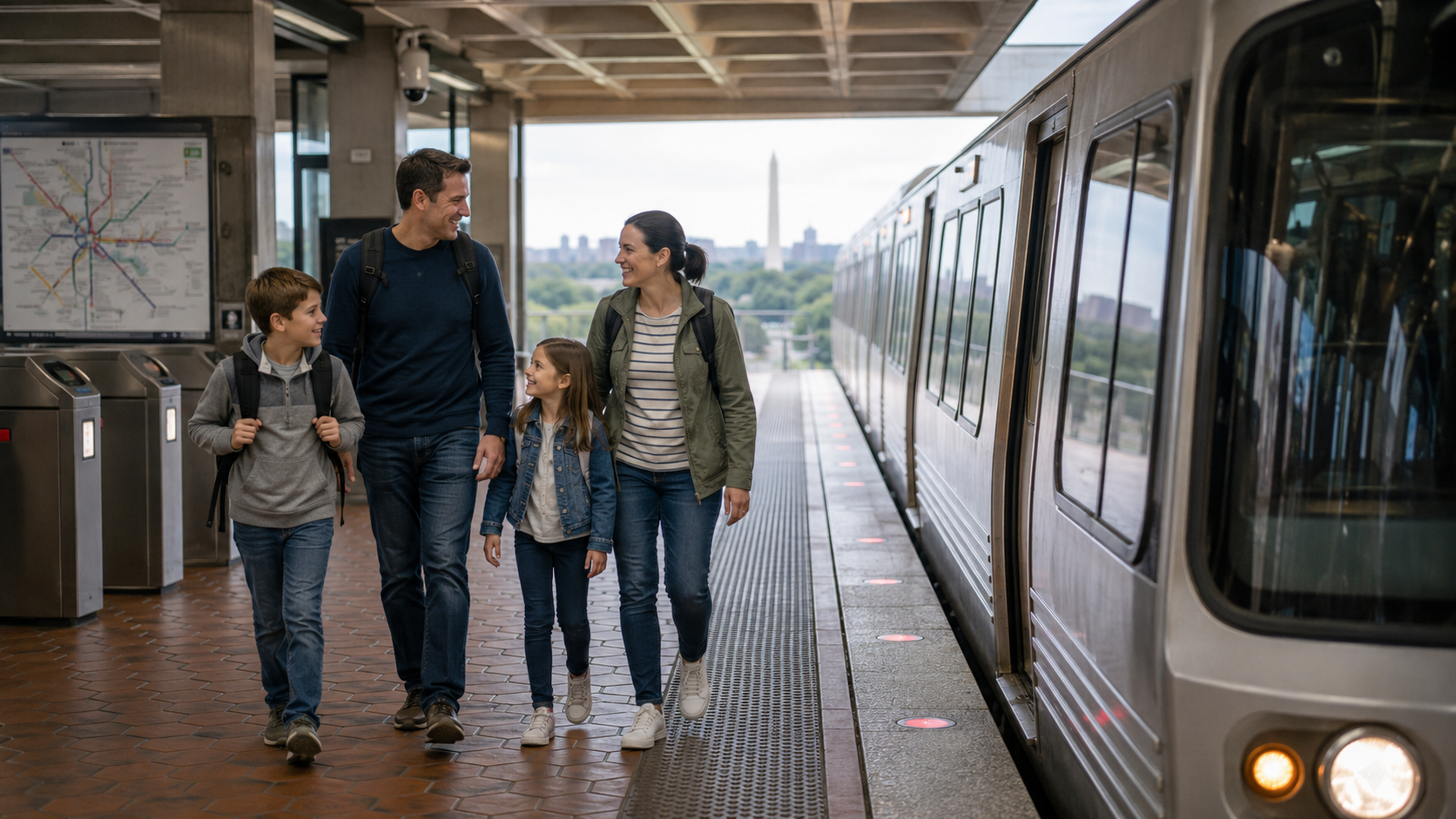 Family using train station to save money on travel. Family using train station to save money on travel.