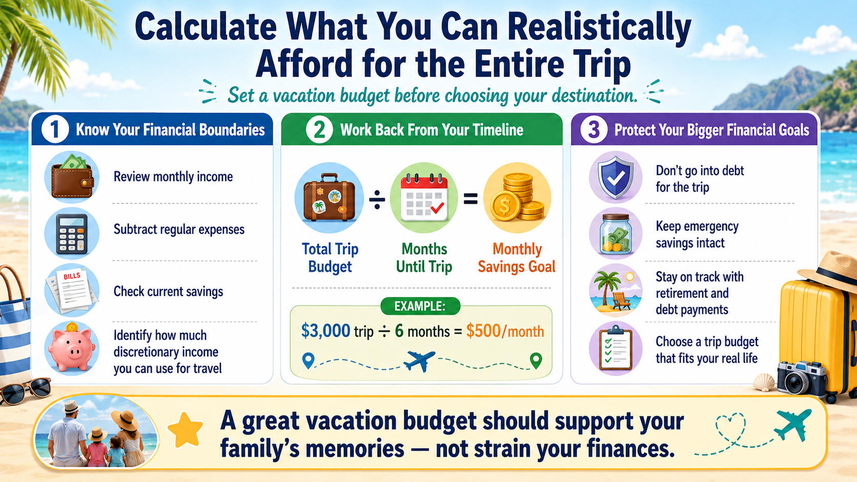 Travel savings graphic for setting a realistic travel budget for you vacation. 