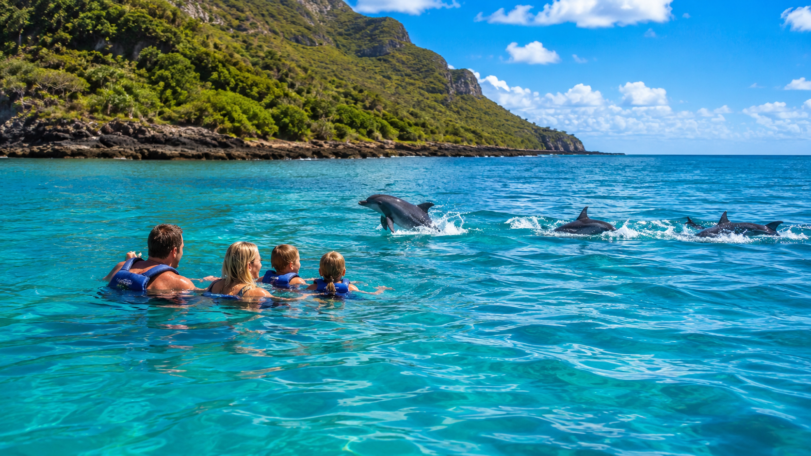 Family swimming with dolphins