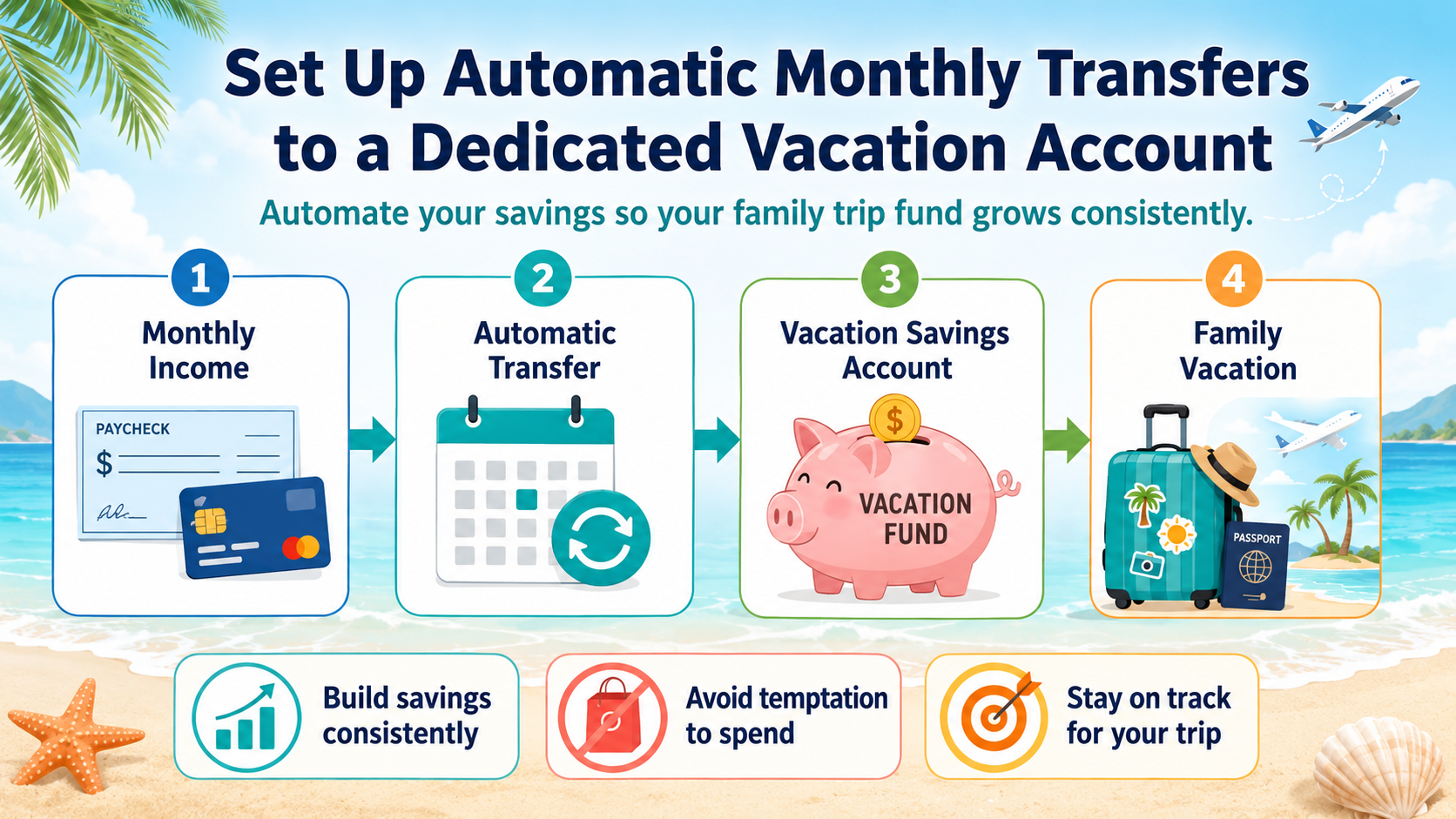 Travel savings graphic for setting up automated transfers to save money for vacaiton Travel savings graphic for setting up automated transfers to save money for vacaiton