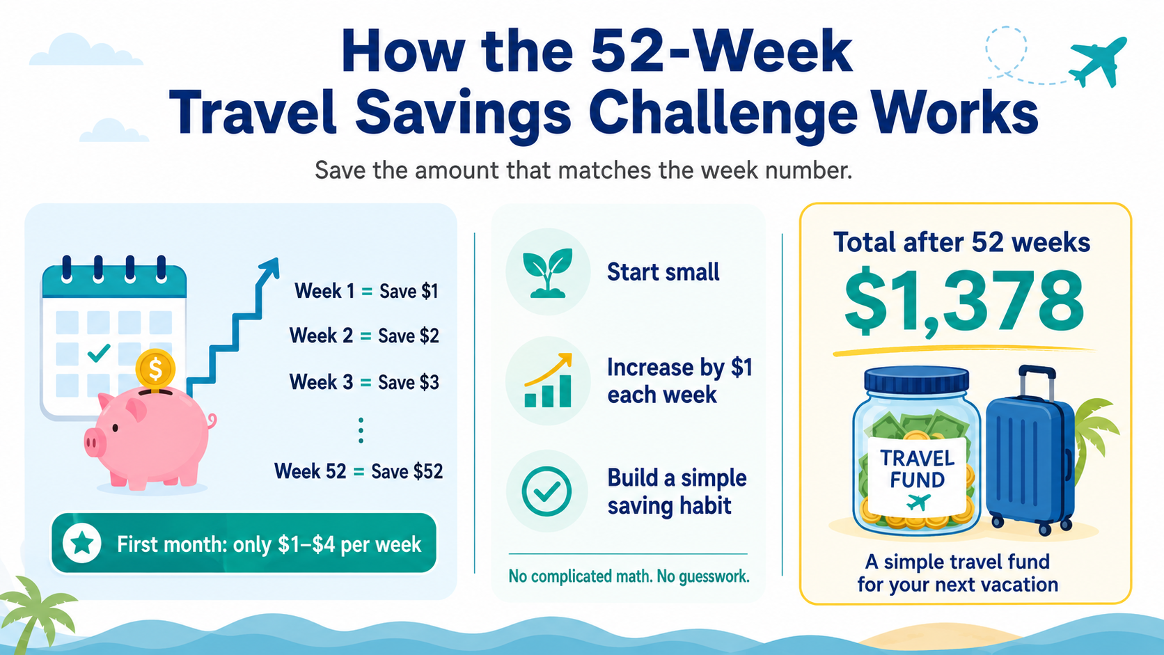 Travel savings graphic for saving money over 52 weeks Travel savings graphic for saving money over 52 weeks