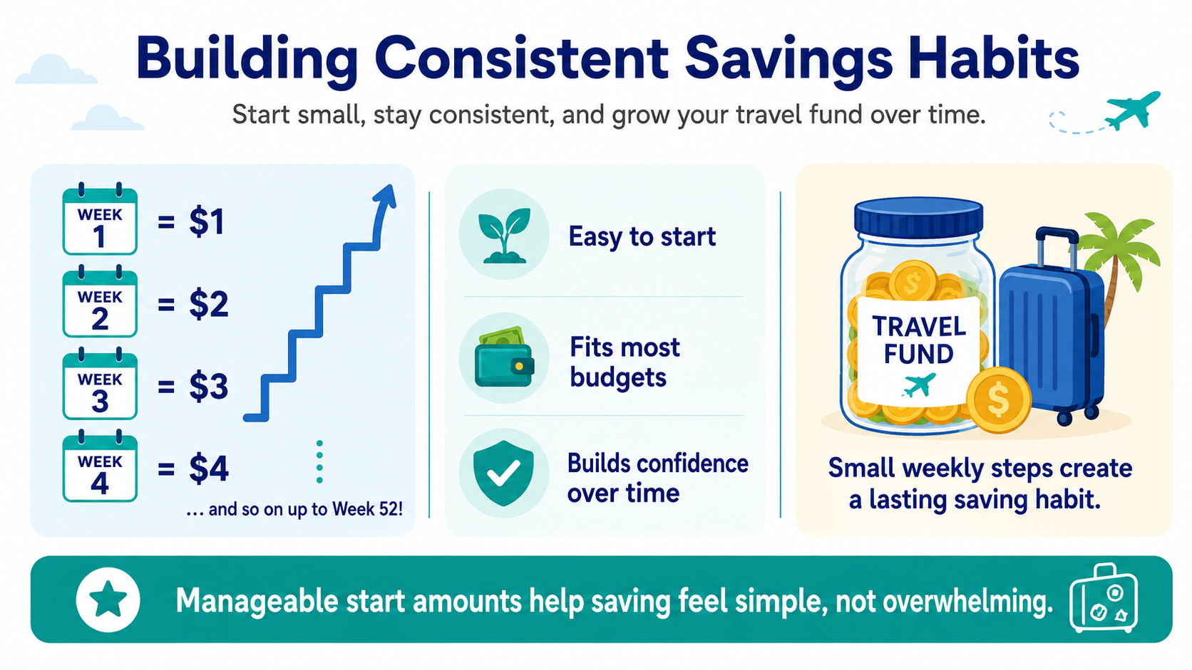 Travel savings graphic to show starting small to build a travel savings account. Travel savings graphic to show starting small to build a travel savings account.