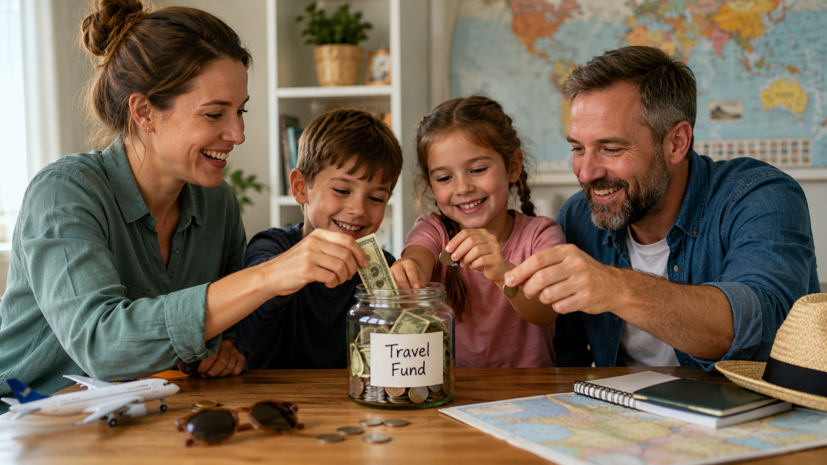 Family putting money into a travel savings jar. Family putting money into a travel savings jar.
