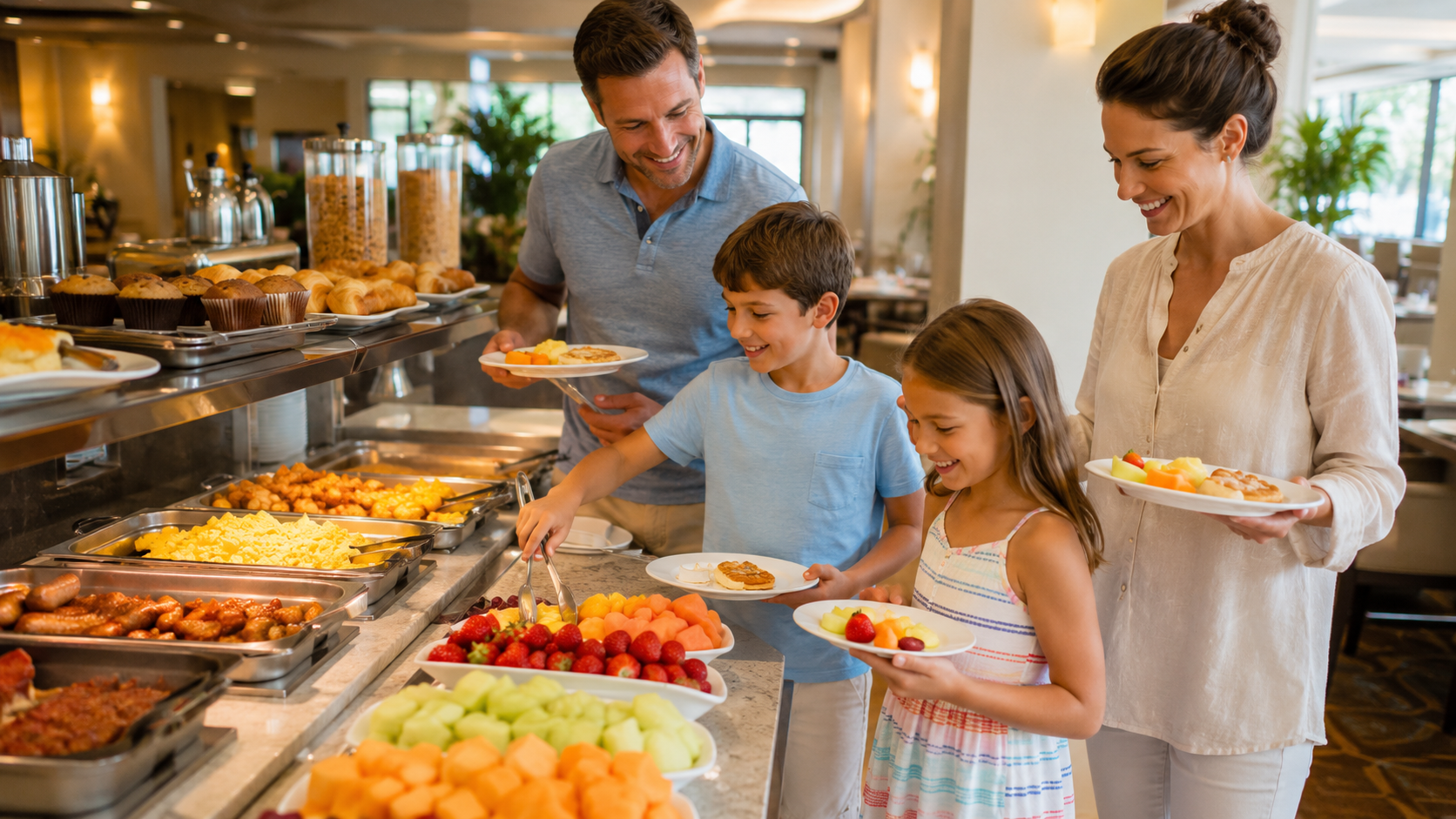 Family eating at a breakfast buffet. 