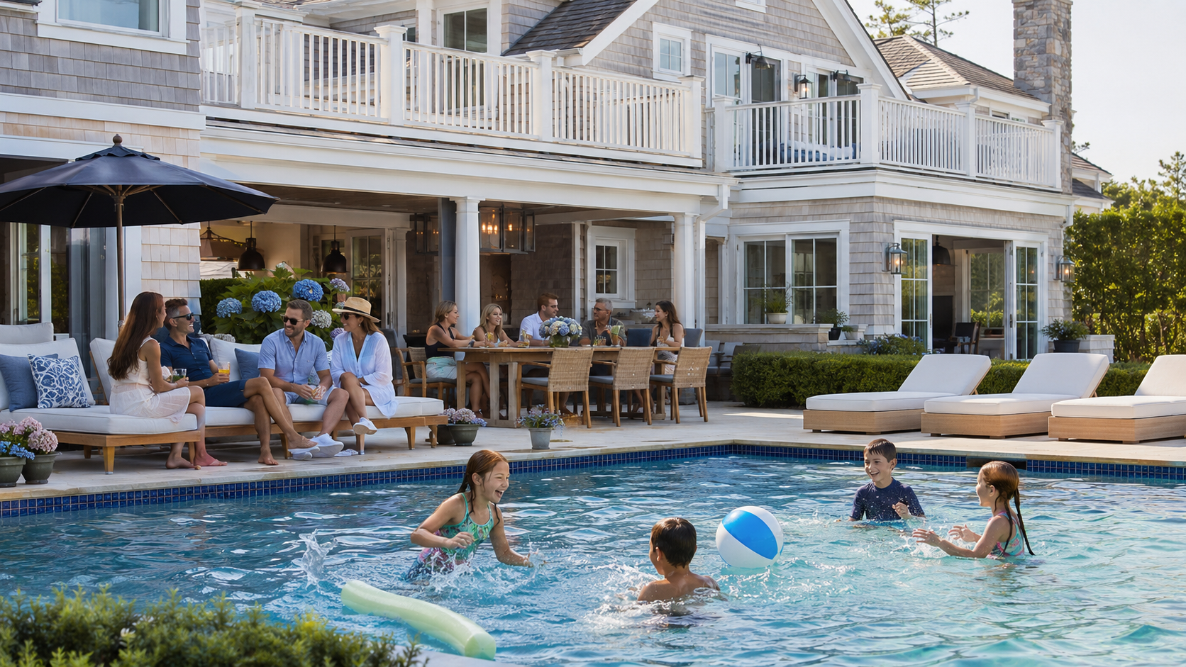 Families on vacation playing in the pool Families on vacation playing in the pool