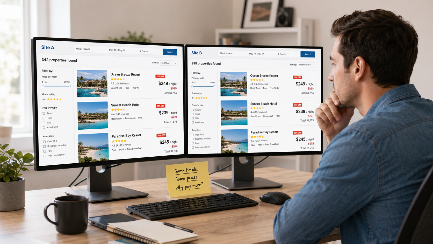 Person searching for better hotel deals and finding the same thing
