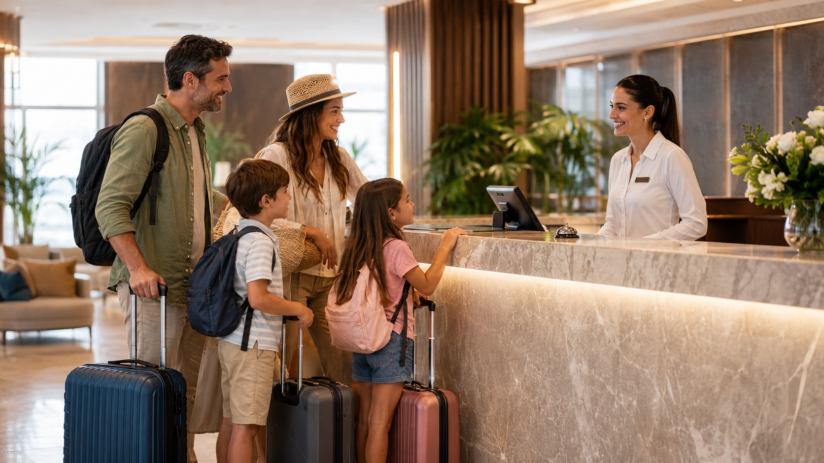 Family checking in at hotel desk