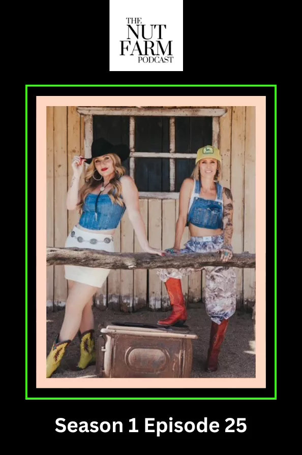 The Nut Farm Podcast Season 1 Episode 25 cover art titled "Craigslist Massage" featuring Gretchen and Missy in denim overalls.