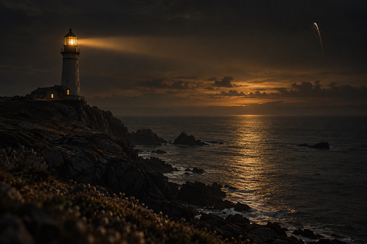 Faro encendido sobre un mar oscuro al anochecer, con luz dorada constante