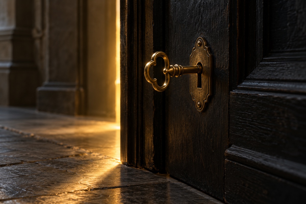 Una llave de latón girando sola en la cerradura de una puerta de madera oscura, con luz dorada saliendo por la rendija