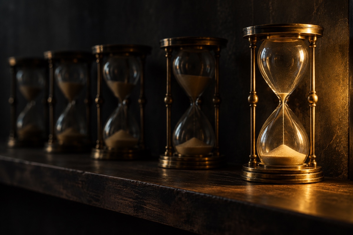 Una fila de relojes de arena de latón sobre una balda oscura, todos apagados salvo el último, que brilla en dorado