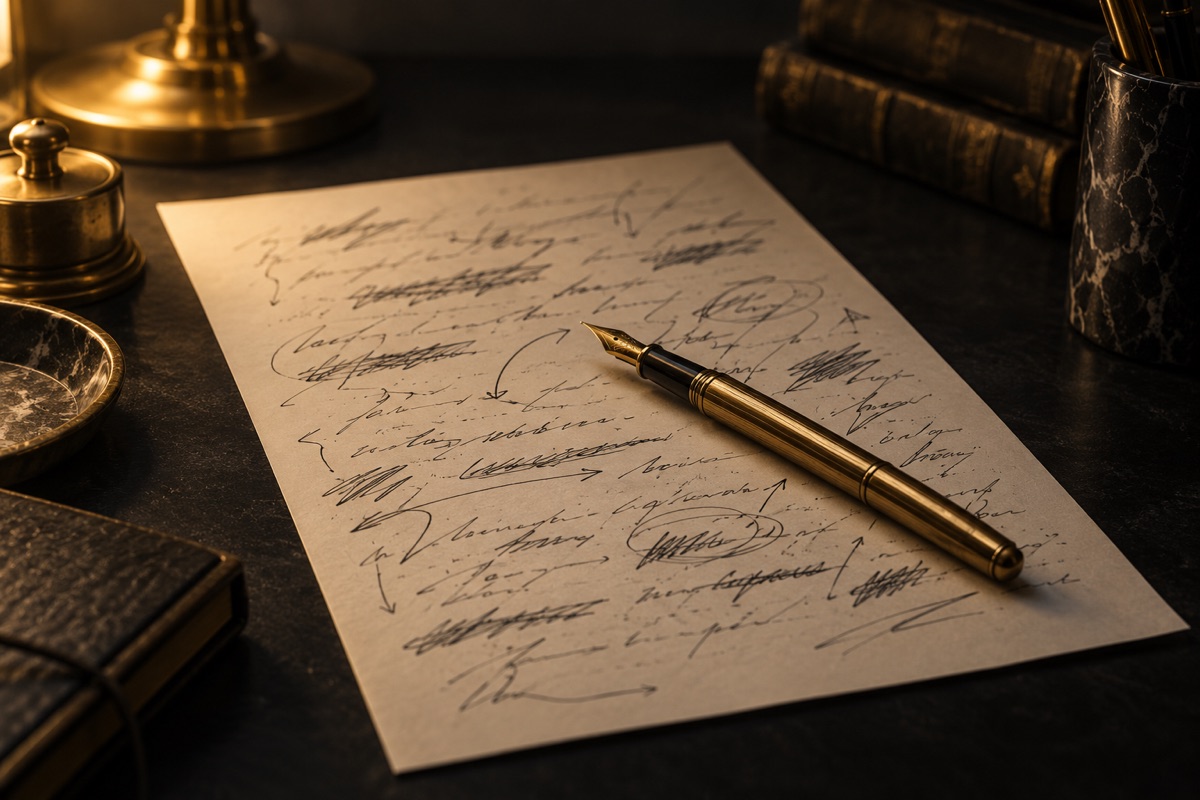 Una hoja mecanografiada sobre una mesa oscura con correcciones a mano en tinta y una pluma de latón cruzada encima, iluminada en dorado, sin texto legible