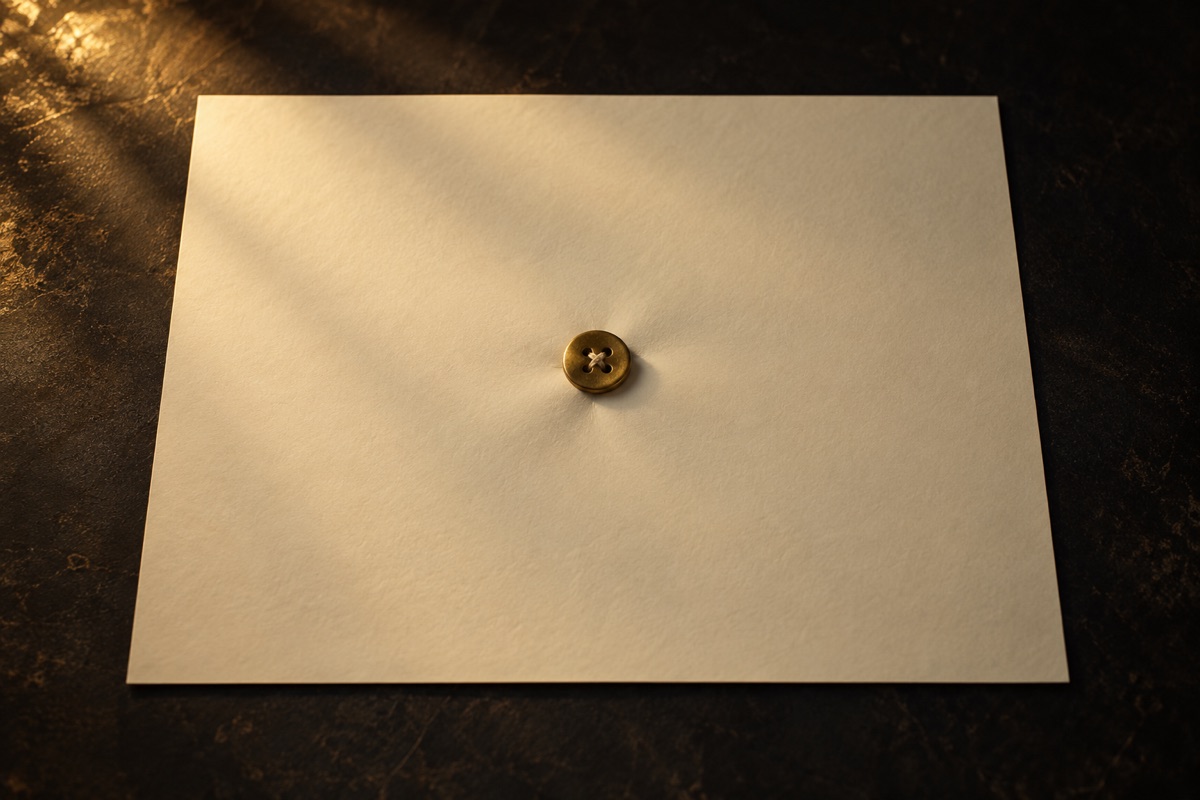 Una carta abierta sobre una mesa oscura con un único botón de latón cosido en el centro, iluminado en dorado