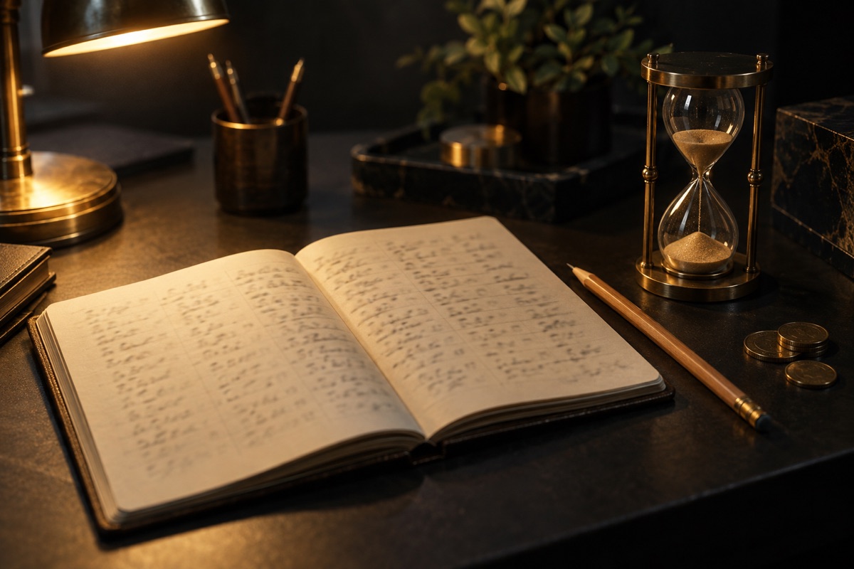 Un reloj de arena junto a una libreta con monedas sobre una mesa oscura